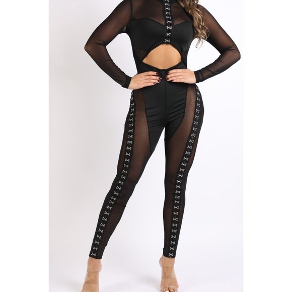 Women's Collared Long Sleeve Bodycon Front Hook & eye Jumpsuit Sexy Party Club - Picture 7 of 8
